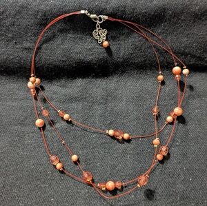 Copper Tone Pink Peach Coral Color Beaded Illusion Layered Statement Necklace